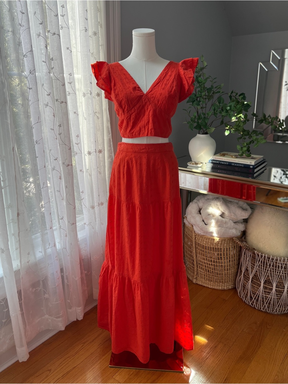 Red Two-Piece Cotton Eyelet Top & Maxi Skirt Set